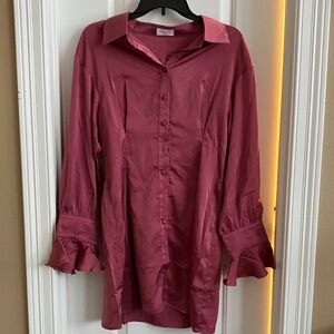 Pink Lily Satin Button Down Shirt in Deep Pink